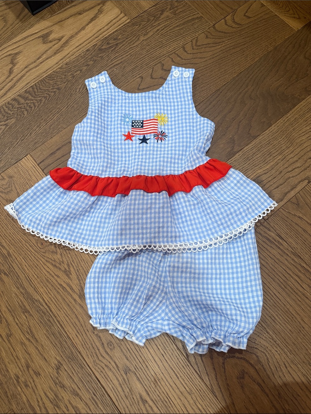 Blue Gingham Kids Two-Piece Set with Red Ruffle